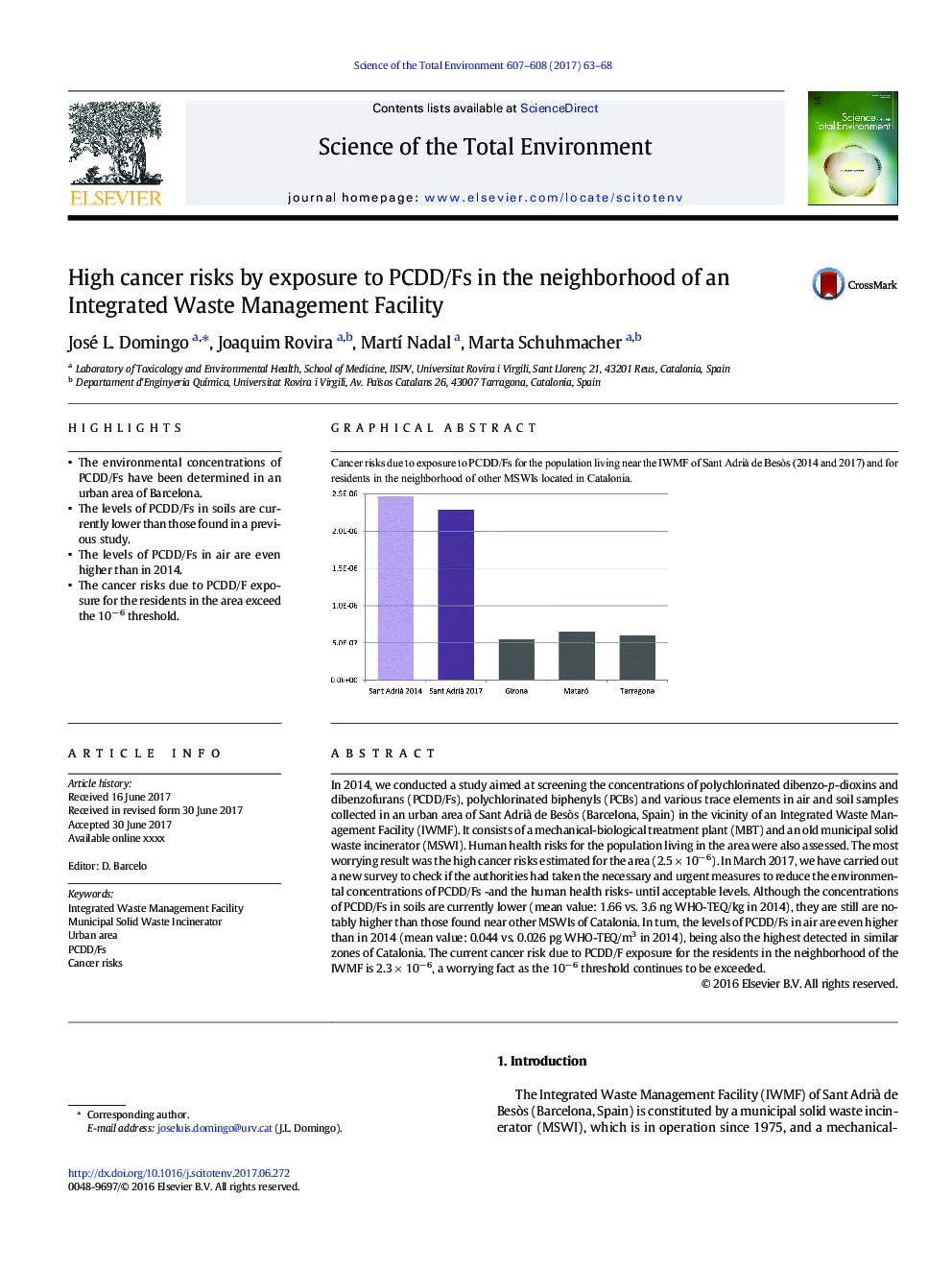 High cancer risks by exposure to PCDD/Fs in the neighborhood of an Integrated Waste Management Facility