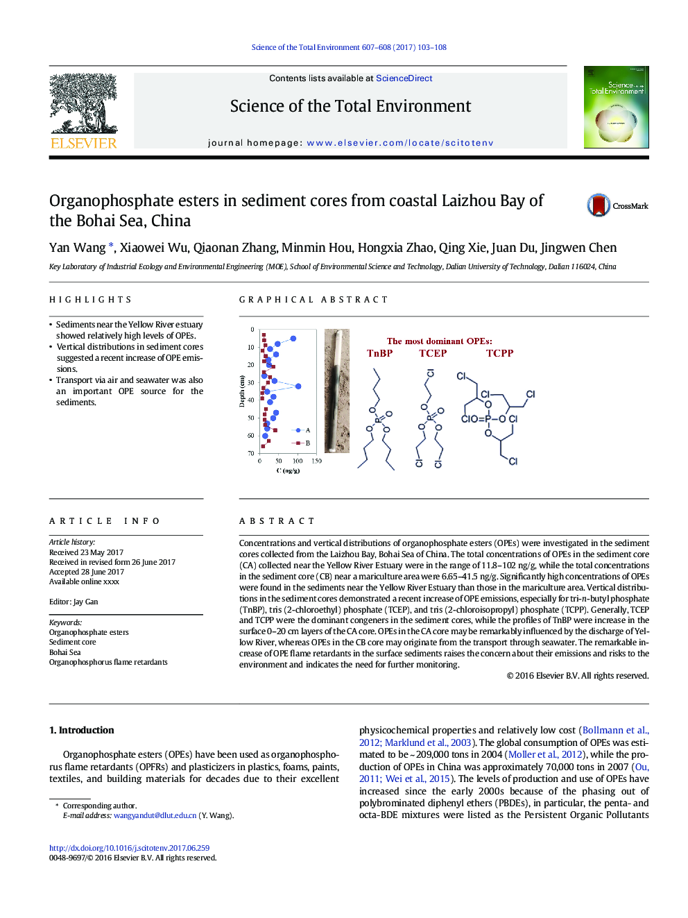 Organophosphate esters in sediment cores from coastal Laizhou Bay of the Bohai Sea, China