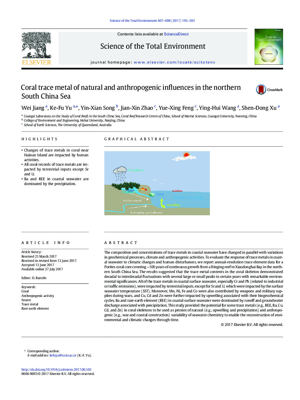 Coral trace metal of natural and anthropogenic influences in the northern South China Sea