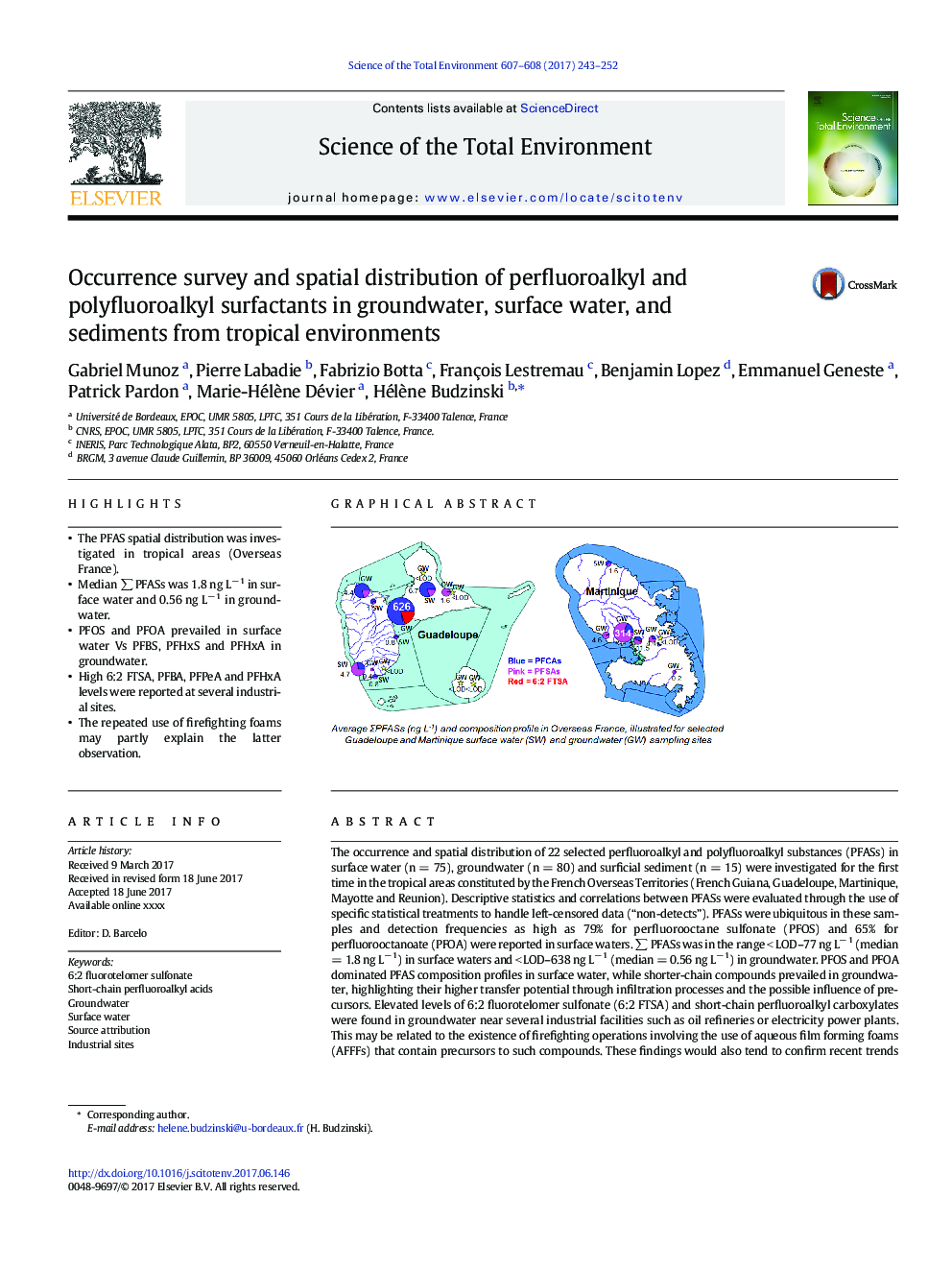Occurrence survey and spatial distribution of perfluoroalkyl and polyfluoroalkyl surfactants in groundwater, surface water, and sediments from tropical environments