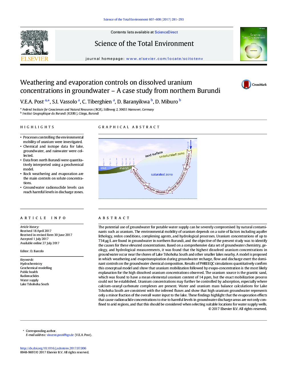 Weathering and evaporation controls on dissolved uranium concentrations in groundwater - A case study from northern Burundi