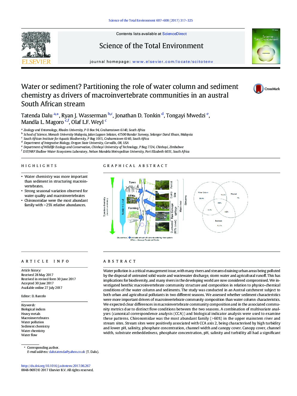 Water or sediment? Partitioning the role of water column and sediment chemistry as drivers of macroinvertebrate communities in an austral South African stream