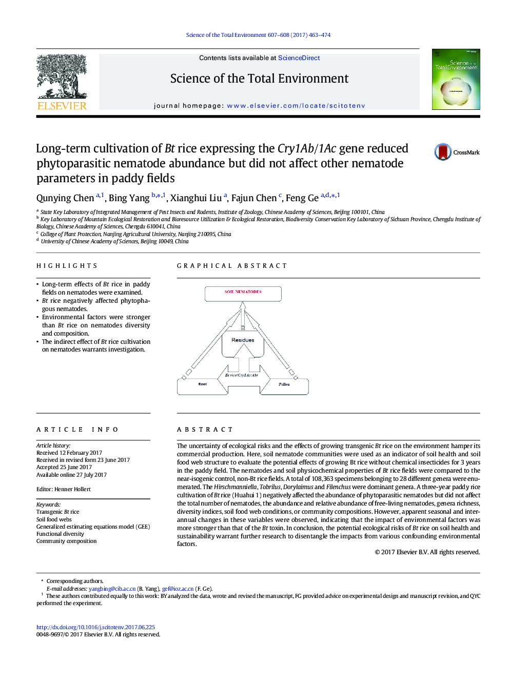 Long-term cultivation of Bt rice expressing the Cry1Ab/1Ac gene reduced phytoparasitic nematode abundance but did not affect other nematode parameters in paddy fields