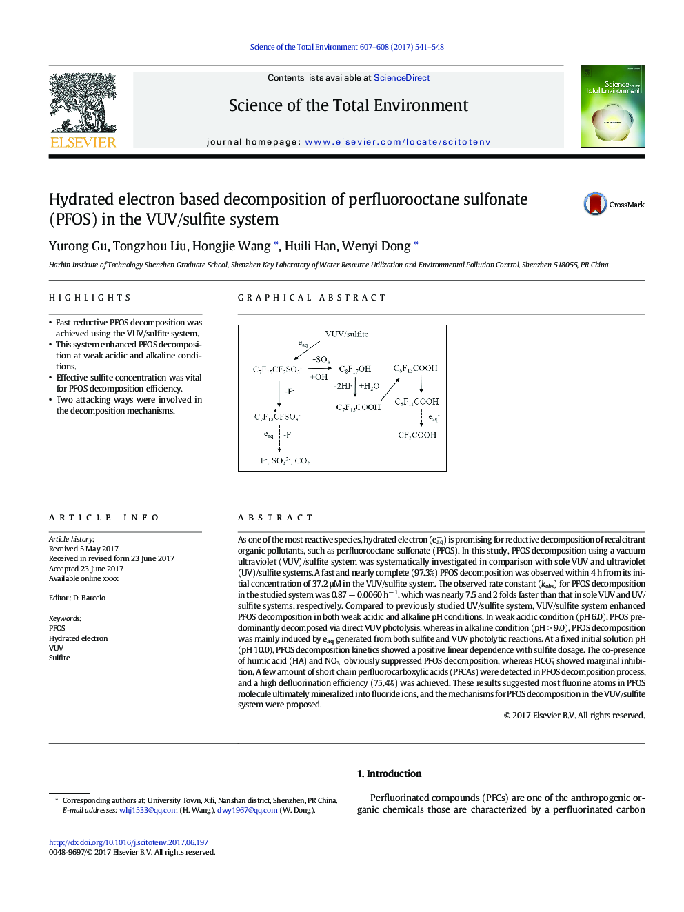 Hydrated electron based decomposition of perfluorooctane sulfonate (PFOS) in the VUV/sulfite system