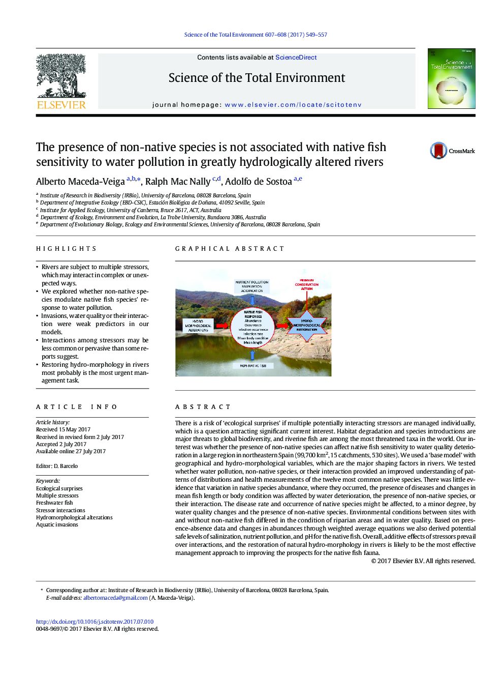 The presence of non-native species is not associated with native fish sensitivity to water pollution in greatly hydrologically altered rivers