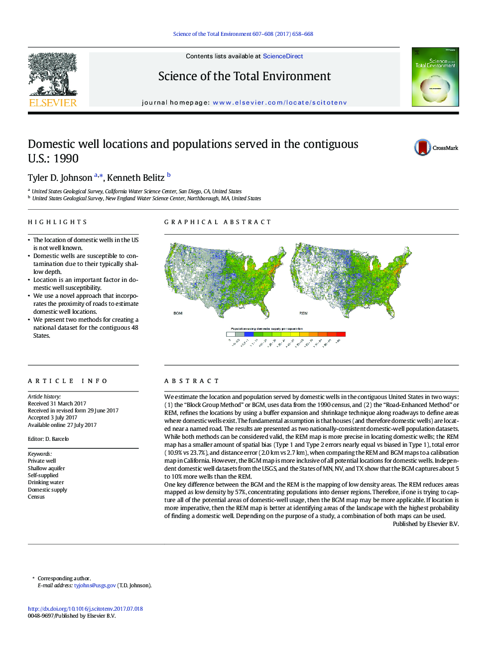 Domestic well locations and populations served in the contiguous U.S.: 1990