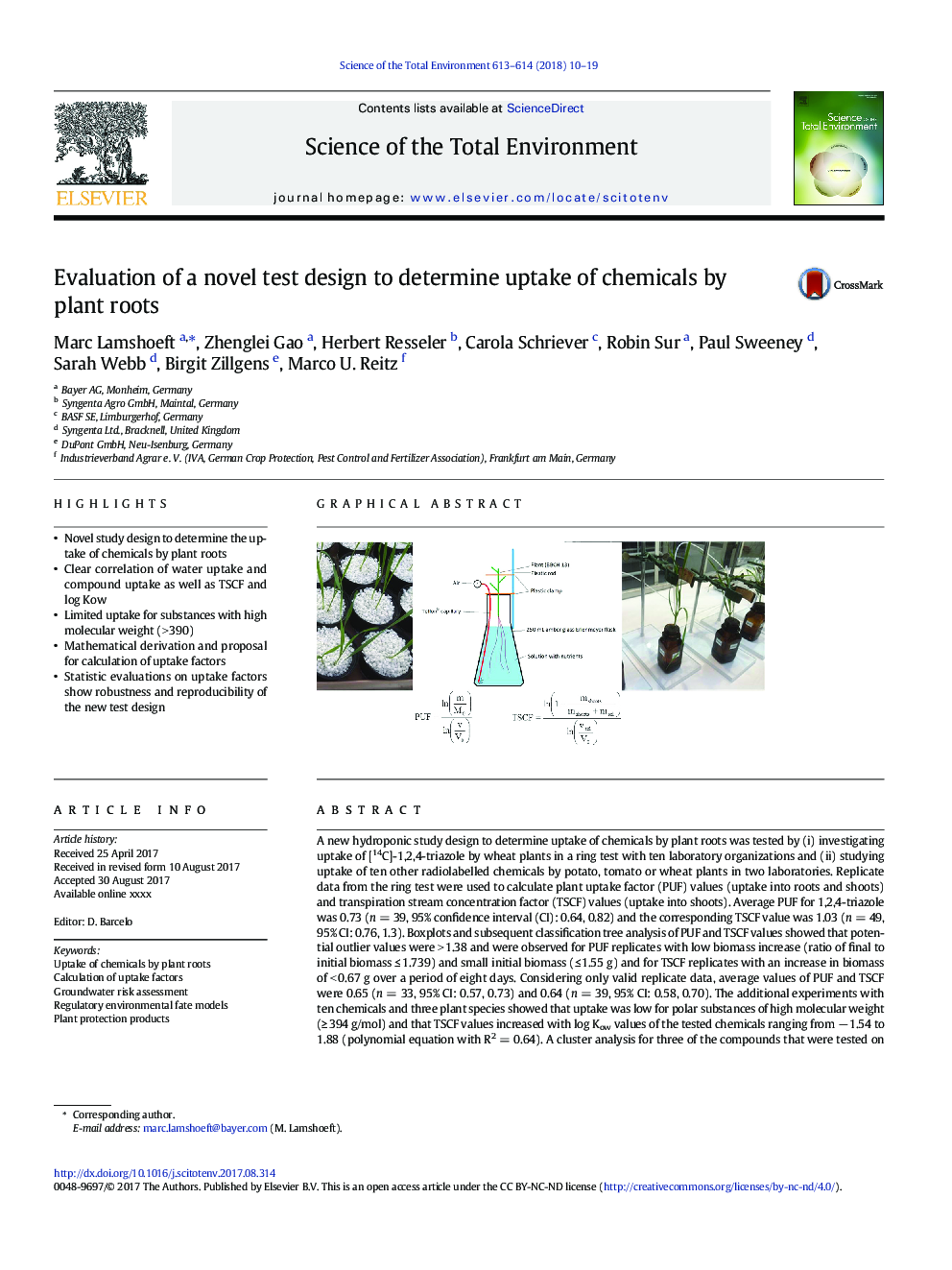 Evaluation of a novel test design to determine uptake of chemicals by plant roots