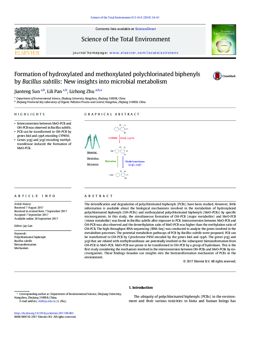 Formation of hydroxylated and methoxylated polychlorinated biphenyls by Bacillus subtilis: New insights into microbial metabolism
