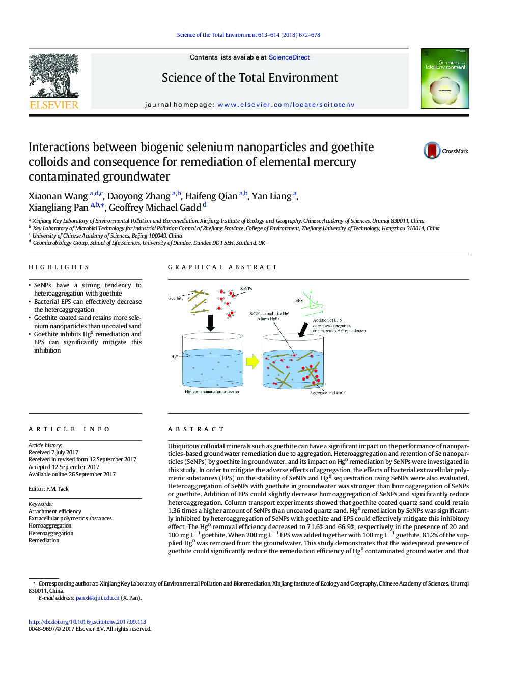 Interactions between biogenic selenium nanoparticles and goethite colloids and consequence for remediation of elemental mercury contaminated groundwater