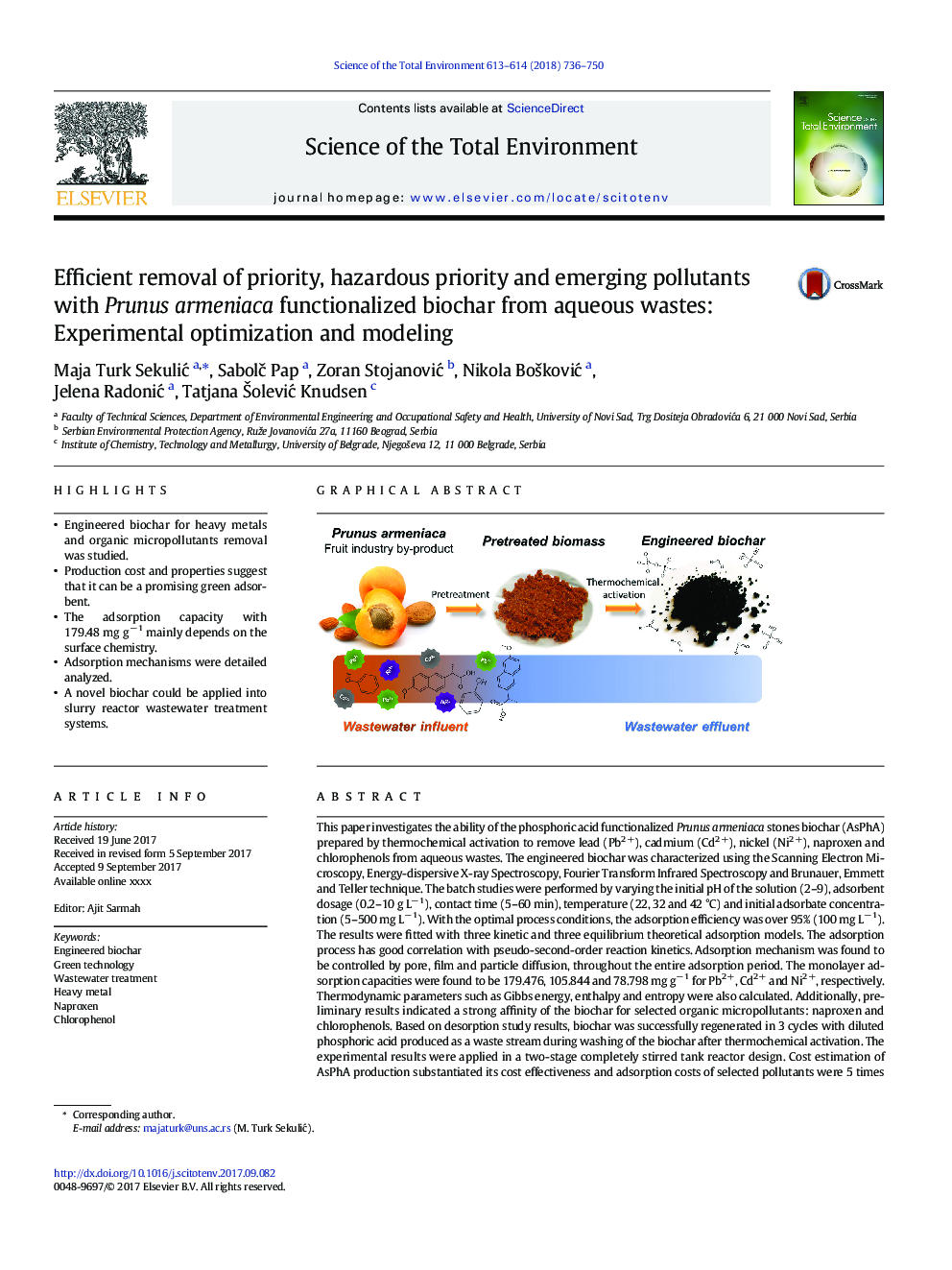 Efficient removal of priority, hazardous priority and emerging pollutants with Prunus armeniaca functionalized biochar from aqueous wastes: Experimental optimization and modeling