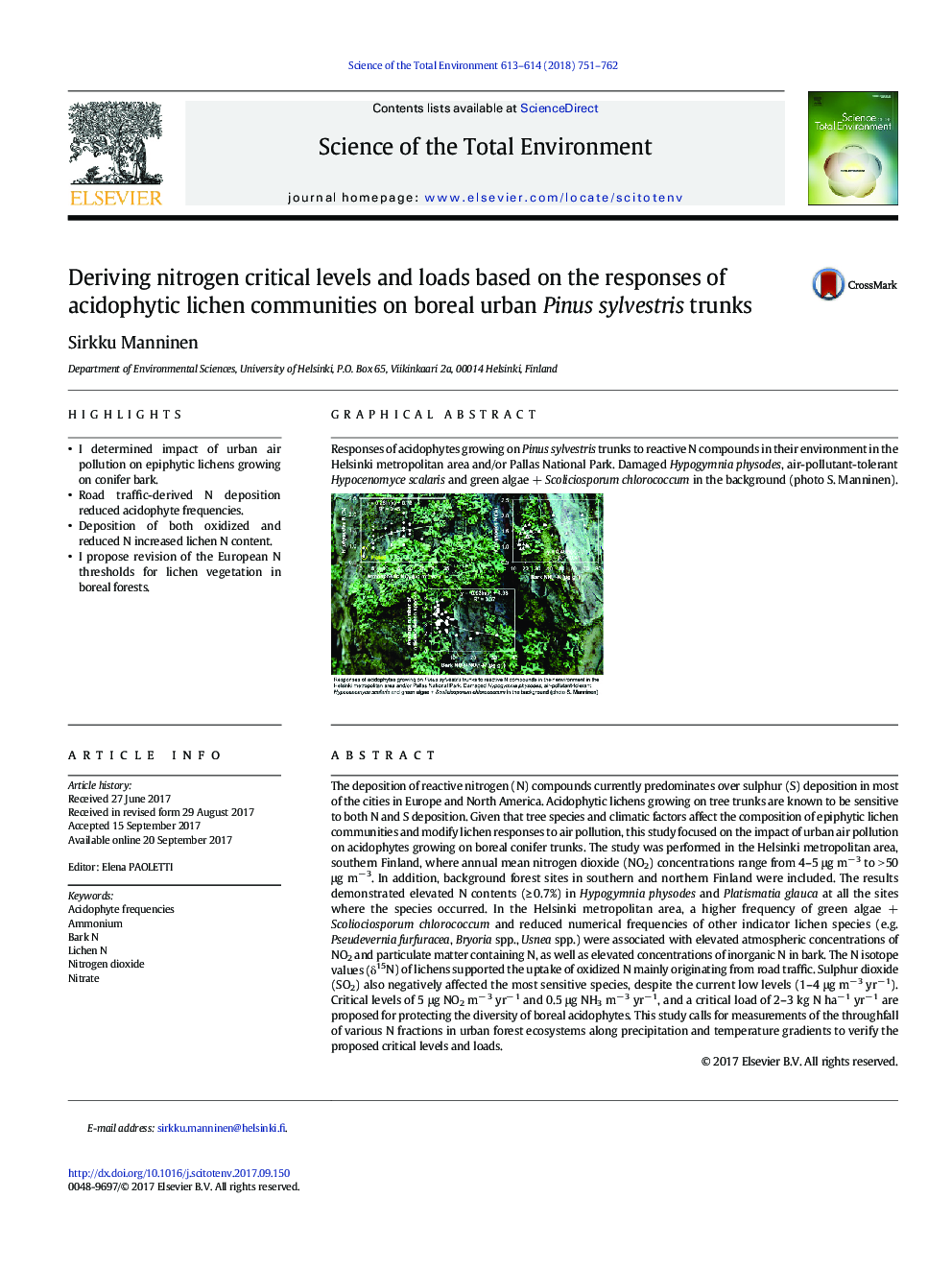 Deriving nitrogen critical levels and loads based on the responses of acidophytic lichen communities on boreal urban Pinus sylvestris trunks