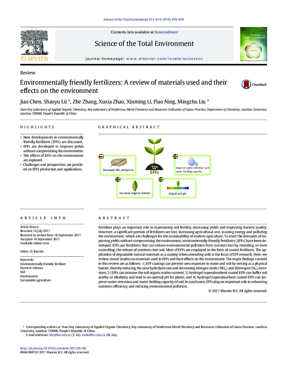 Environmentally friendly fertilizers: A review of materials used and their effects on the environment