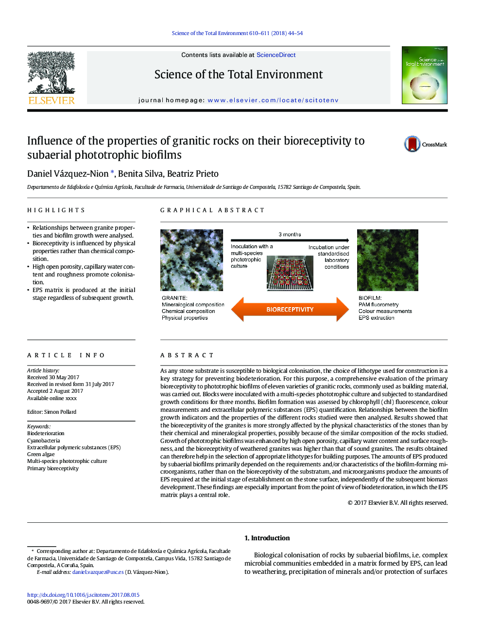 Influence of the properties of granitic rocks on their bioreceptivity to subaerial phototrophic biofilms