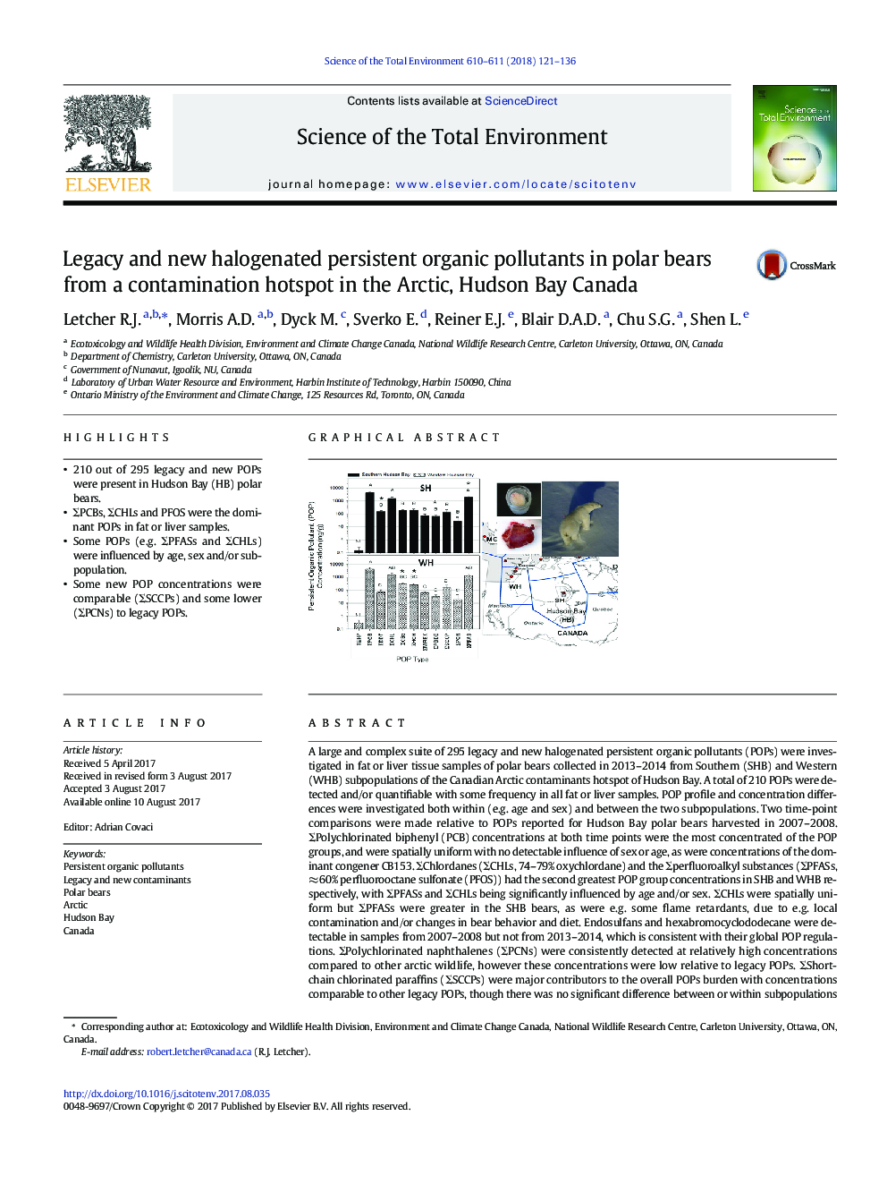 Legacy and new halogenated persistent organic pollutants in polar bears from a contamination hotspot in the Arctic, Hudson Bay Canada