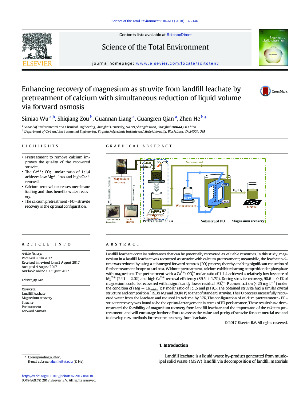 Enhancing recovery of magnesium as struvite from landfill leachate by pretreatment of calcium with simultaneous reduction of liquid volume via forward osmosis