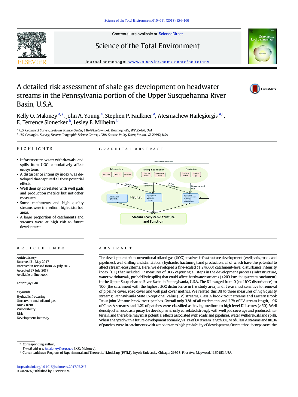 A detailed risk assessment of shale gas development on headwater streams in the Pennsylvania portion of the Upper Susquehanna River Basin, U.S.A.