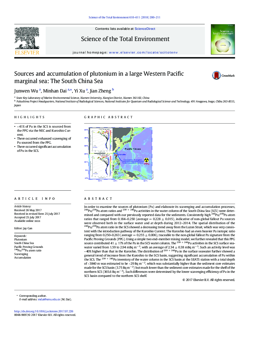 منابع و انباشت پلوتونیوم در یک دریای حاشیه ای غربی اقیانوس آرام: دریای جنوبی چین