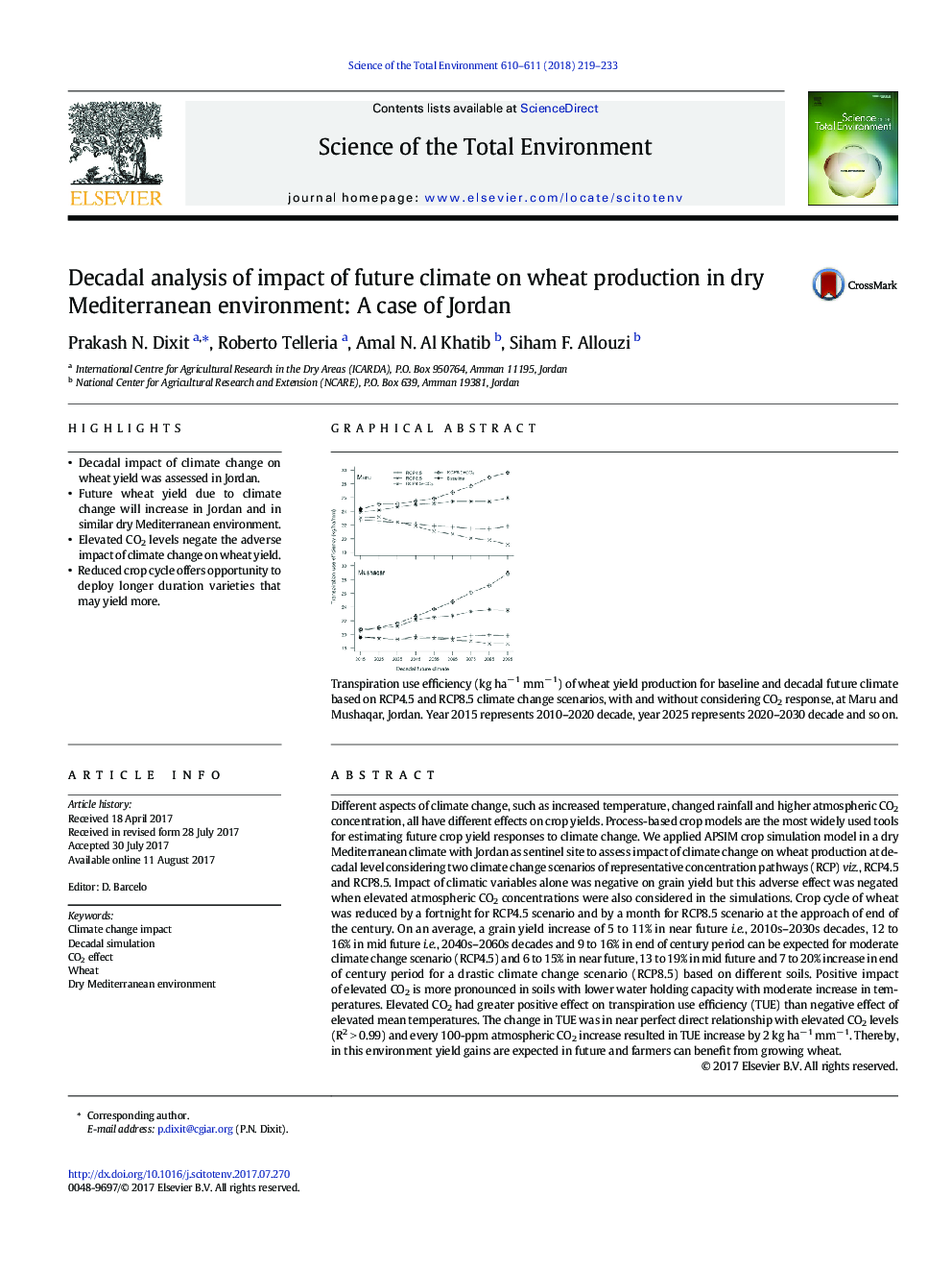 Decadal analysis of impact of future climate on wheat production in dry Mediterranean environment: A case of Jordan