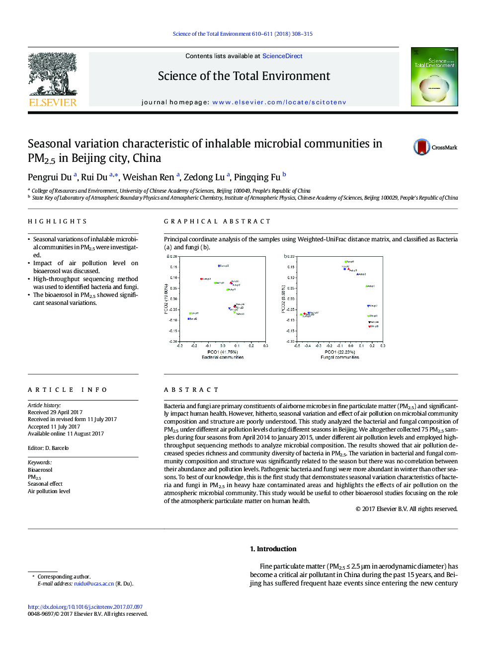 Seasonal variation characteristic of inhalable microbial communities in PM2.5 in Beijing city, China