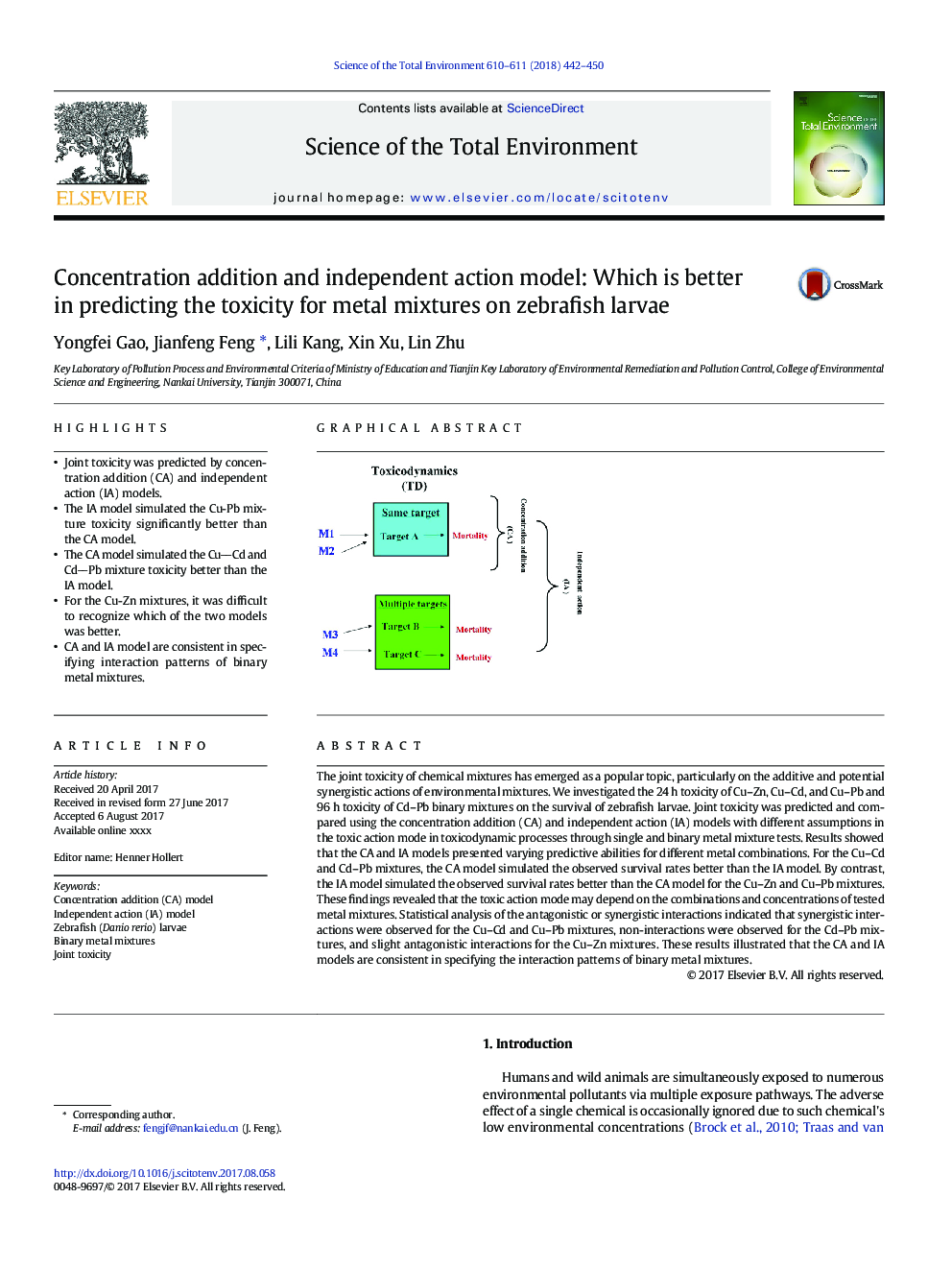 Concentration addition and independent action model: Which is better in predicting the toxicity for metal mixtures on zebrafish larvae