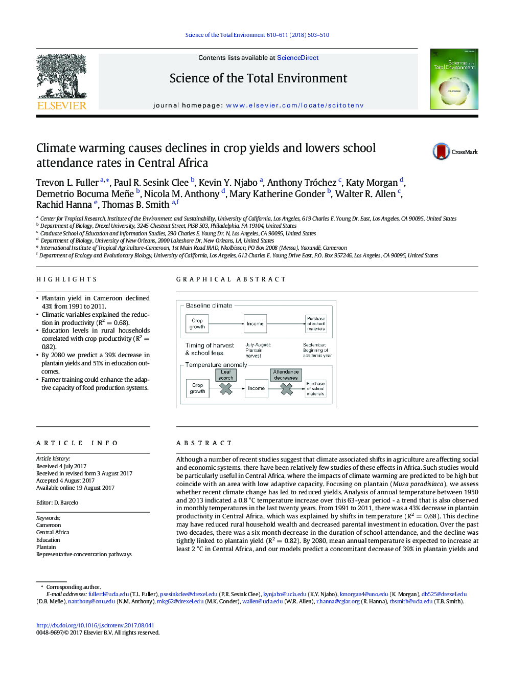 Climate warming causes declines in crop yields and lowers school attendance rates in Central Africa