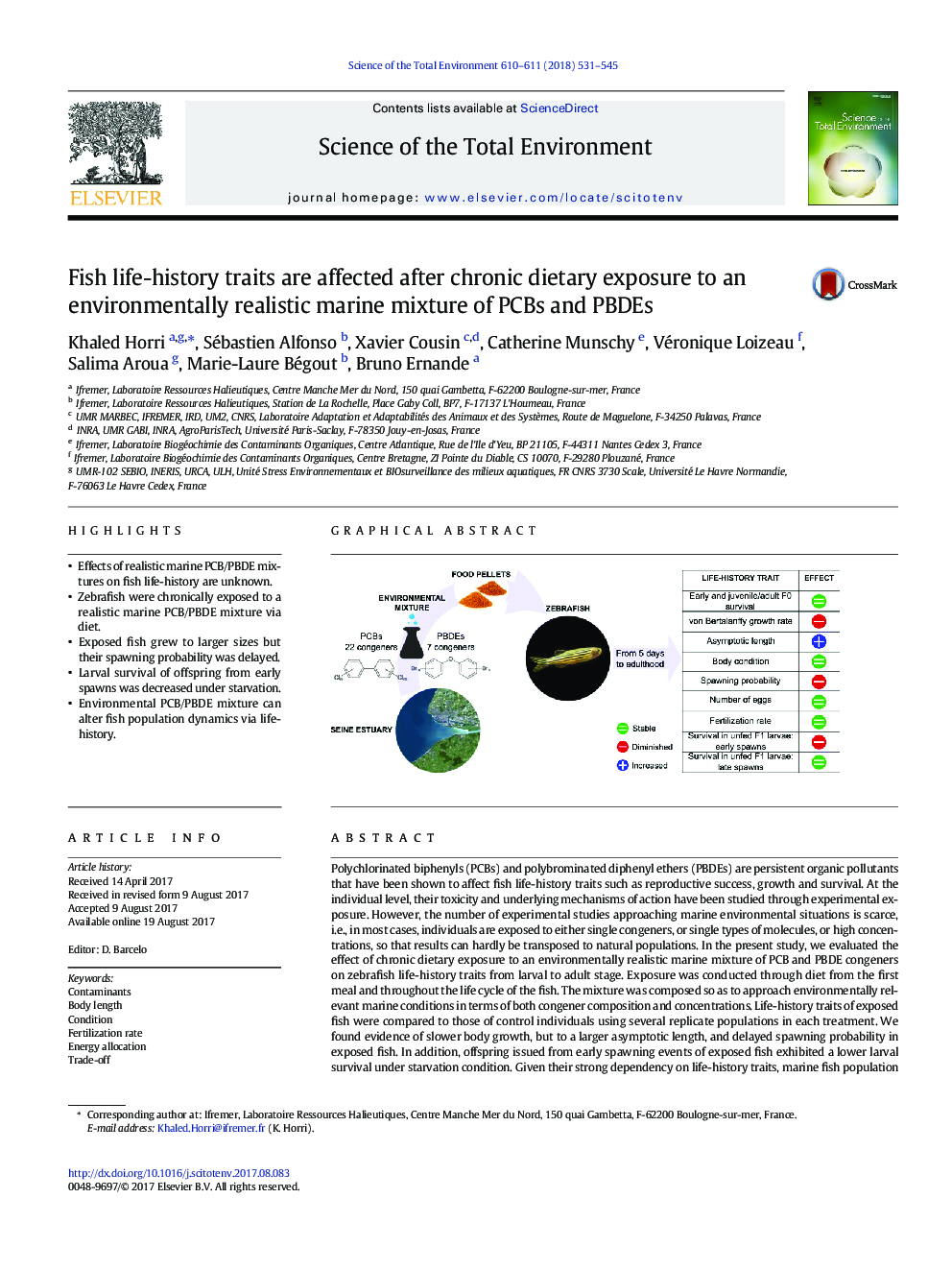 Fish life-history traits are affected after chronic dietary exposure to an environmentally realistic marine mixture of PCBs and PBDEs