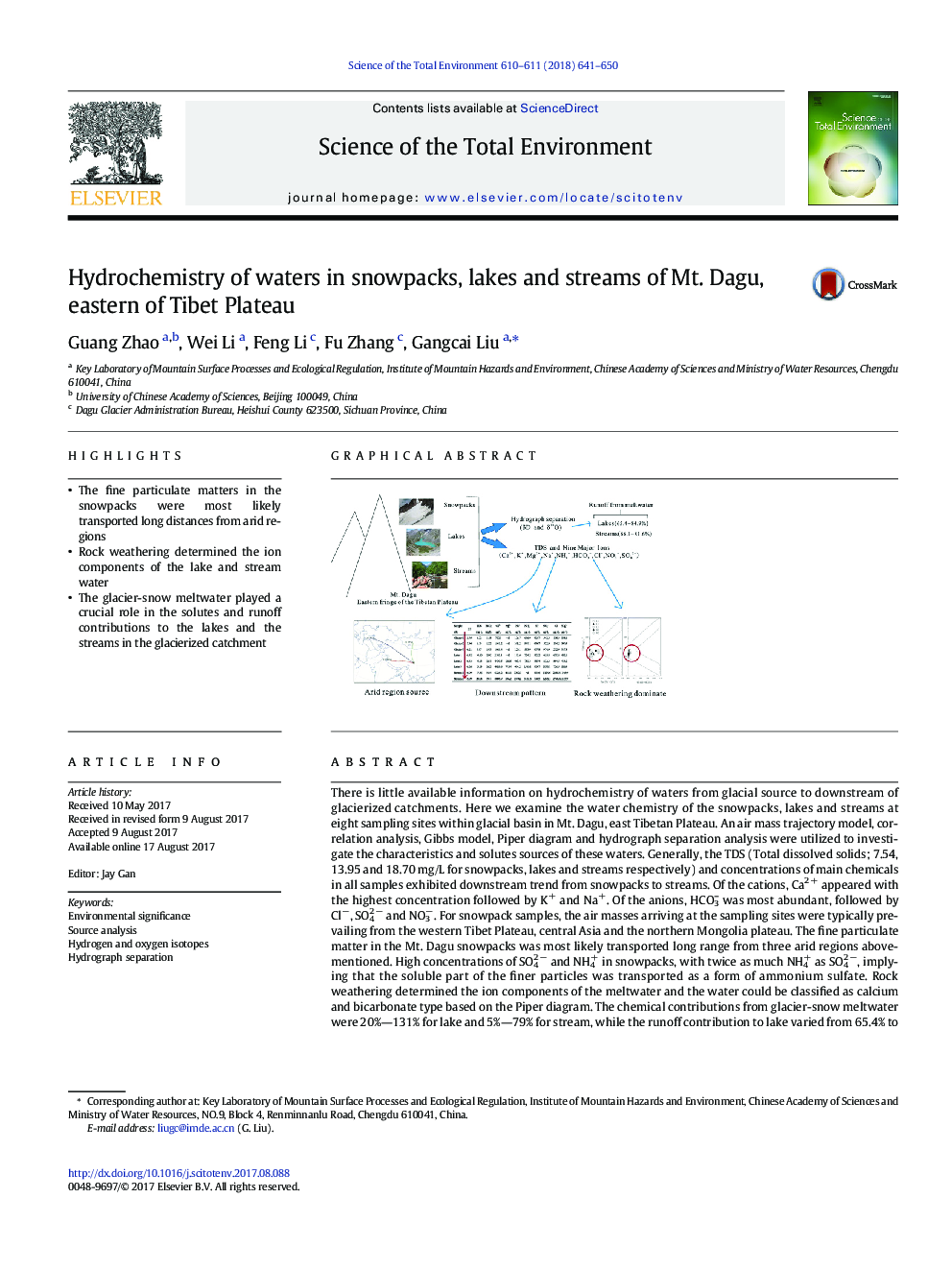 Hydrochemistry of waters in snowpacks, lakes and streams of Mt. Dagu, eastern of Tibet Plateau