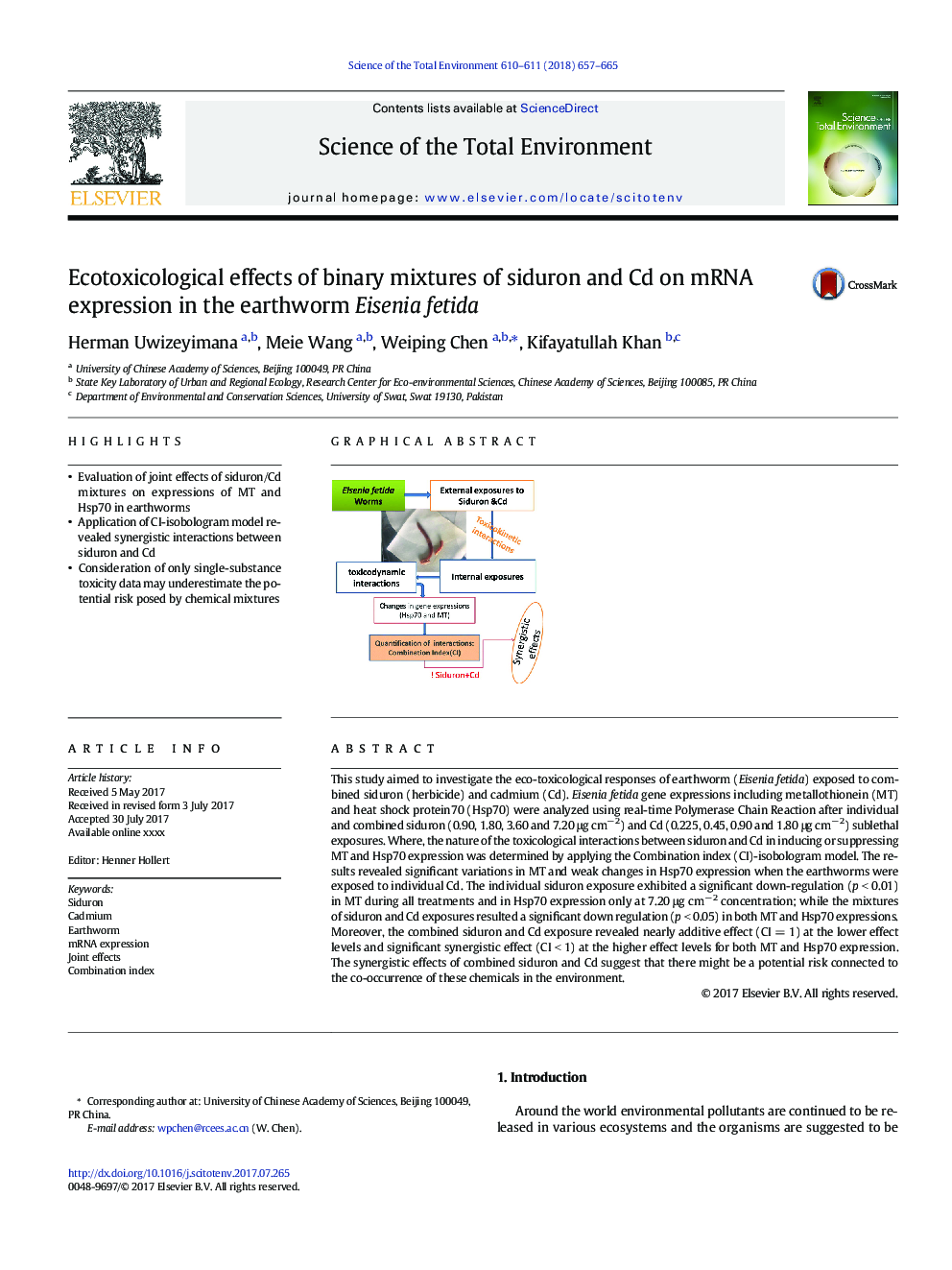 Ecotoxicological effects of binary mixtures of siduron and Cd on mRNA expression in the earthworm Eisenia fetida