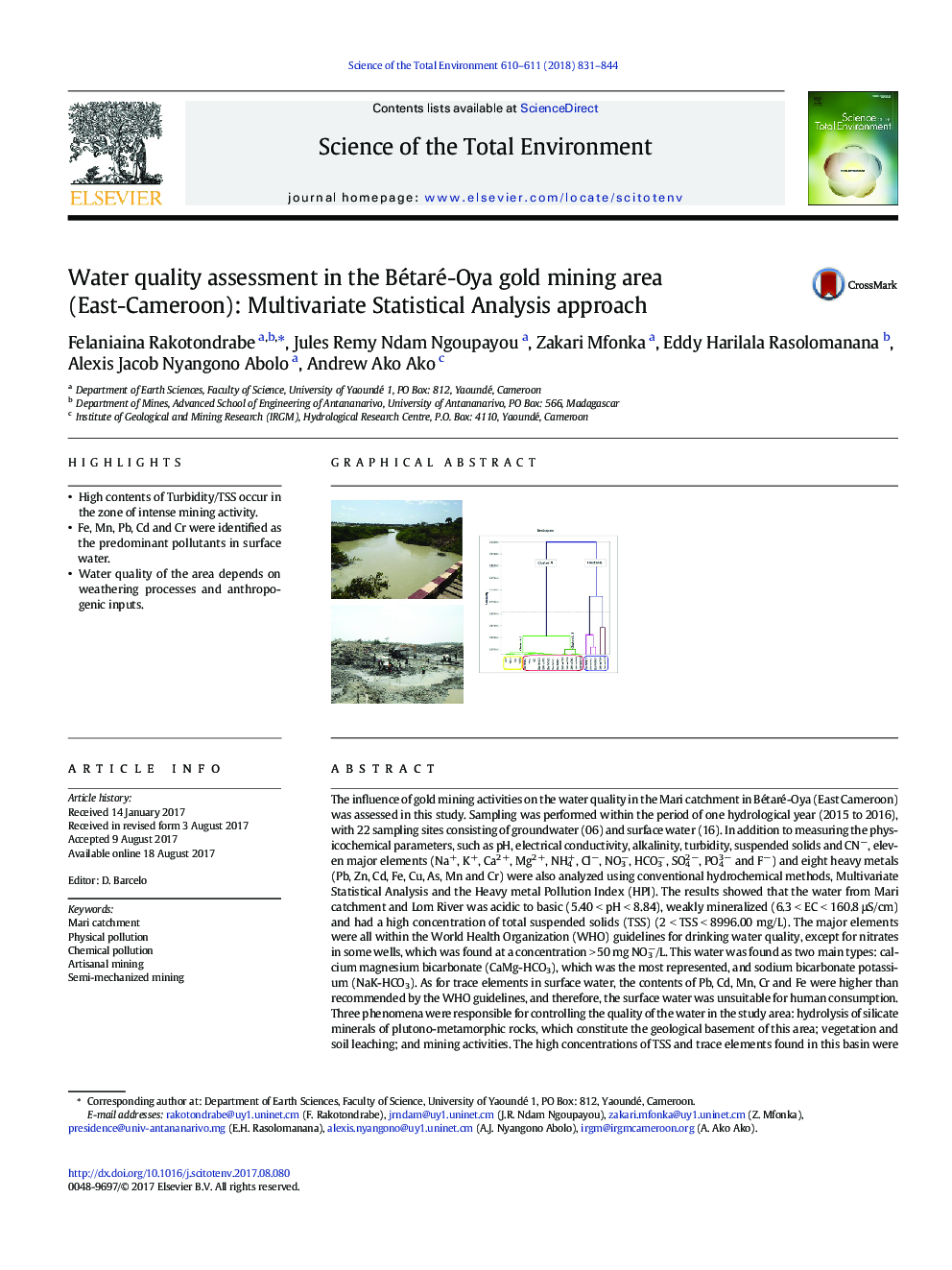 عکس صفحه اول مقاله: Water quality assessment in the Bétaré-Oya gold mining area (East-Cameroon): Multivariate Statistical Analysis approach Water quality assessment in the Bétaré-Oya gold mining area (East-Cameroon): Multivariate Statistical Analysis approach