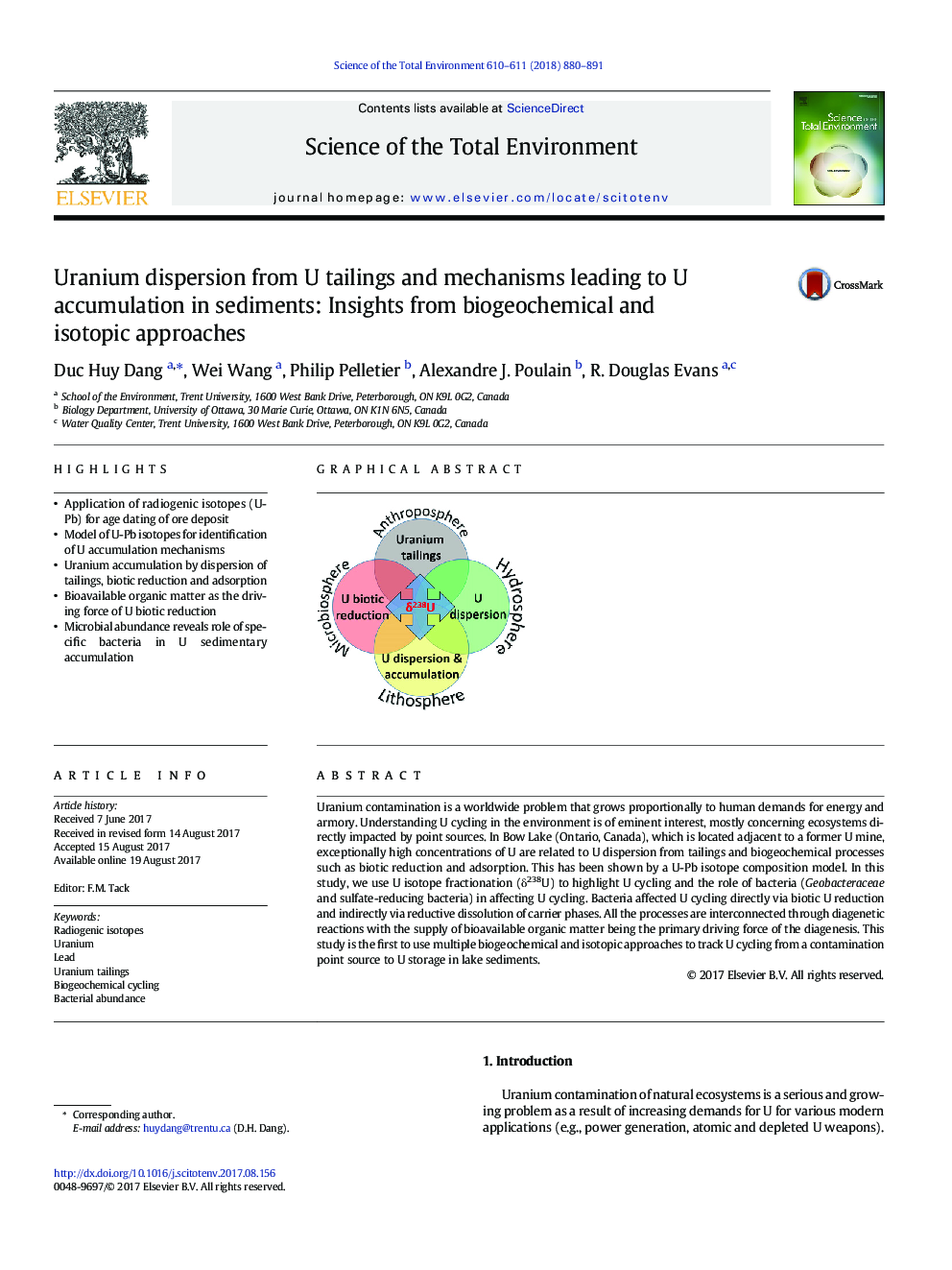 Uranium dispersion from U tailings and mechanisms leading to U accumulation in sediments: Insights from biogeochemical and isotopic approaches