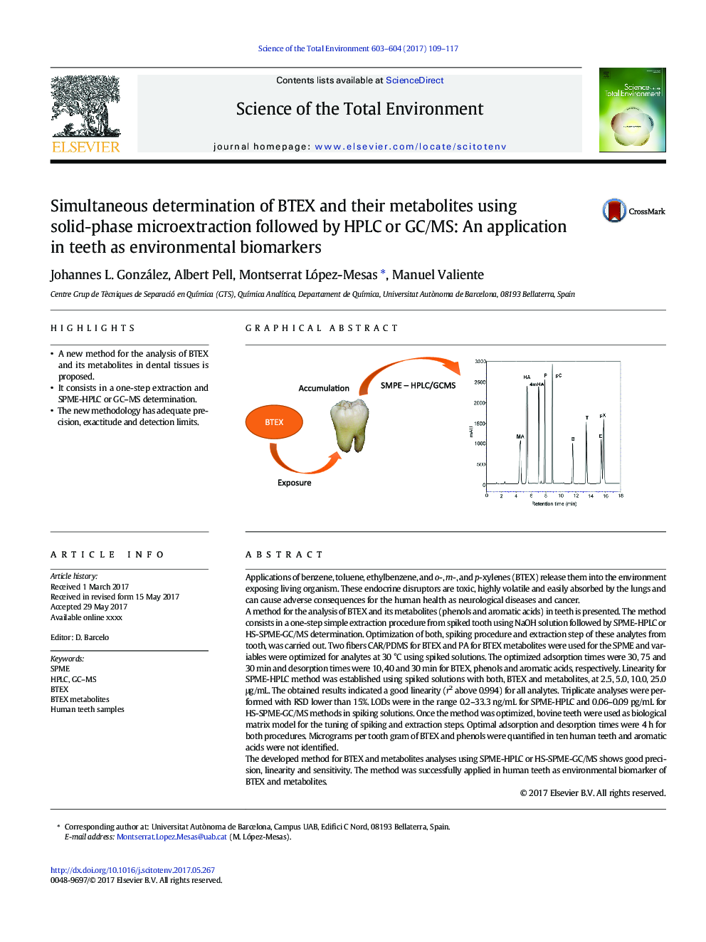 Simultaneous determination of BTEX and their metabolites using solid-phase microextraction followed by HPLC or GC/MS: An application in teeth as environmental biomarkers