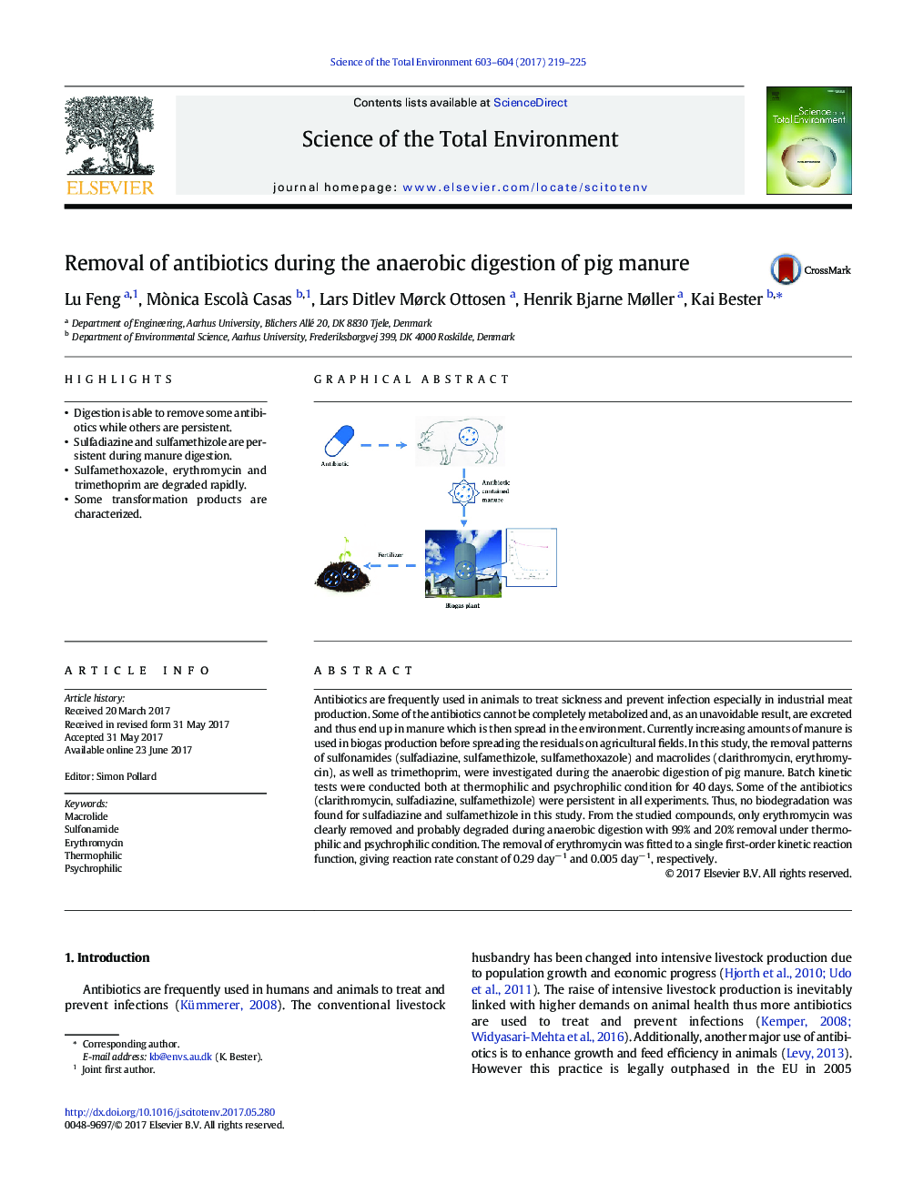 Removal of antibiotics during the anaerobic digestion of pig manure