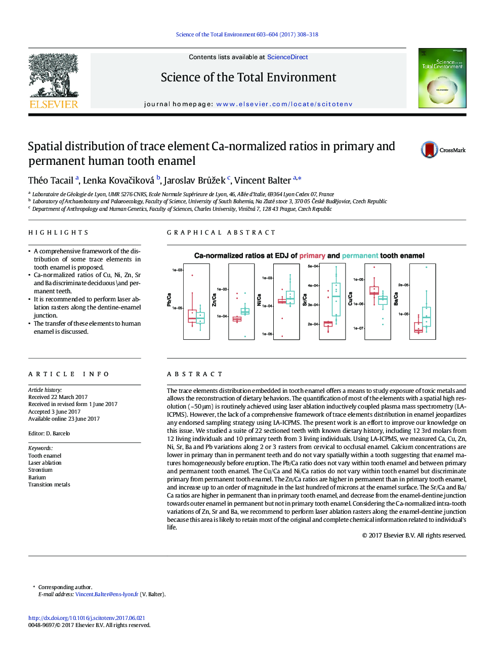 Spatial distribution of trace element Ca-normalized ratios in primary and permanent human tooth enamel