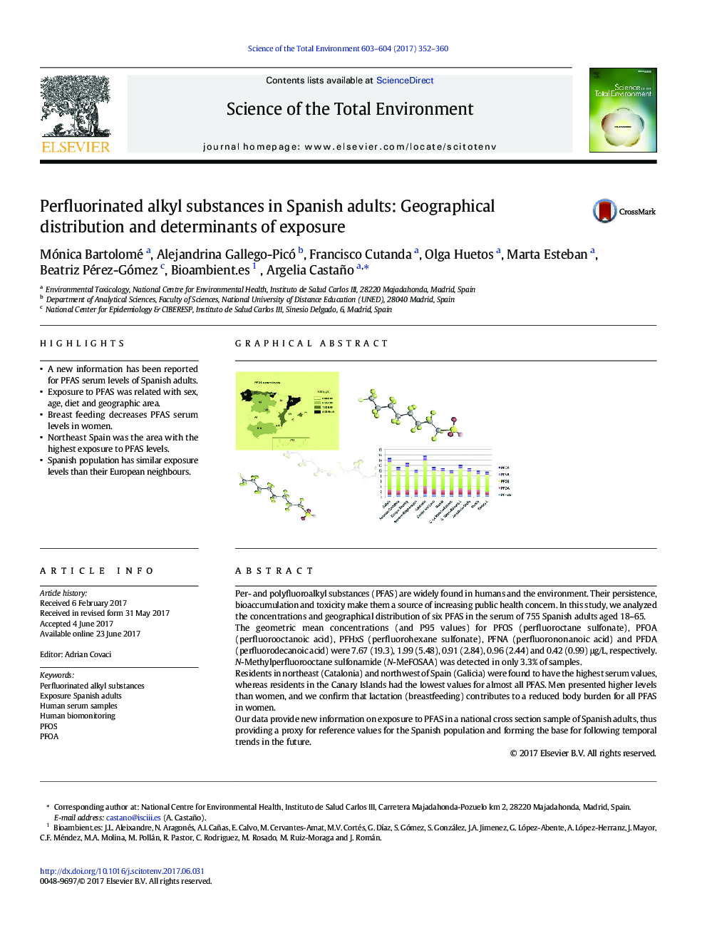 Perfluorinated alkyl substances in Spanish adults: Geographical distribution and determinants of exposure