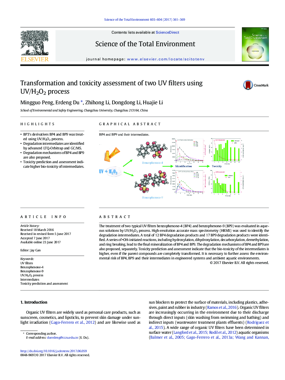 Transformation and toxicity assessment of two UV filters using UV/H2O2 process