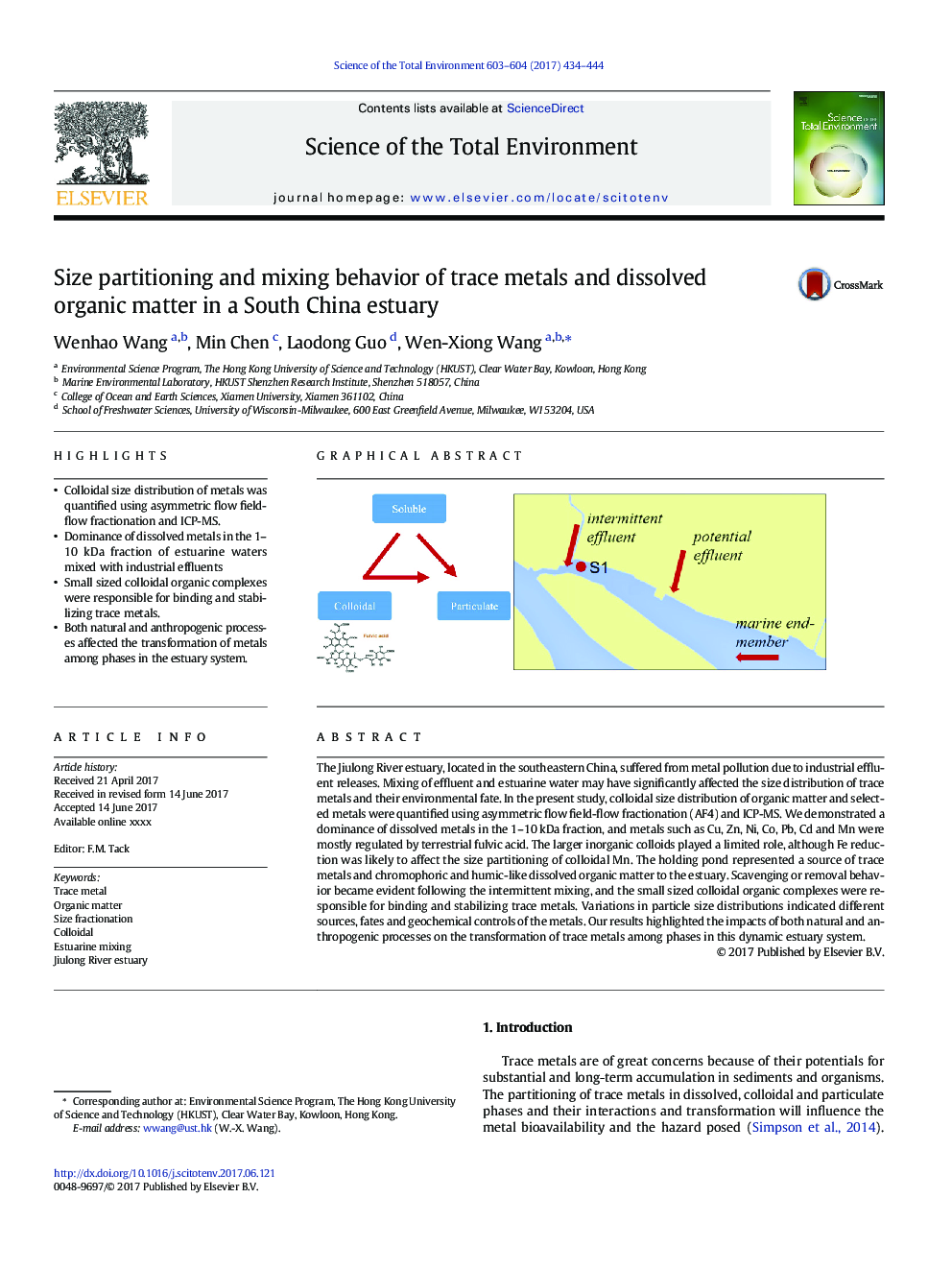 Size partitioning and mixing behavior of trace metals and dissolved organic matter in a South China estuary