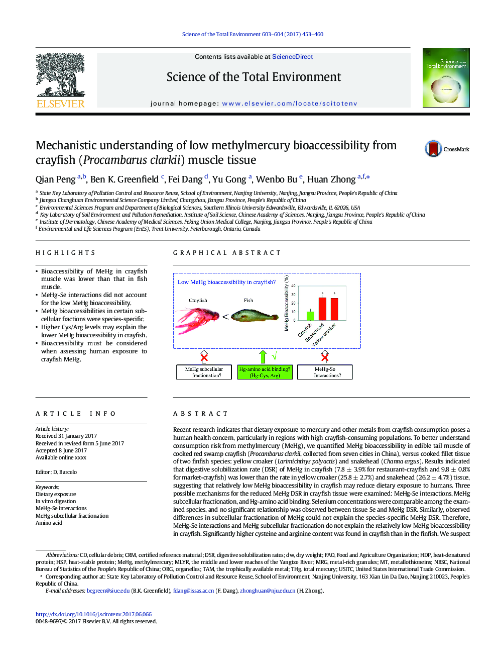 Mechanistic understanding of low methylmercury bioaccessibility from crayfish (Procambarus clarkii) muscle tissue