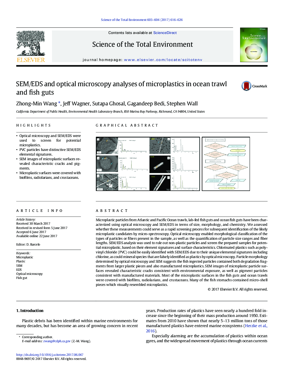 SEM/EDS and optical microscopy analyses of microplastics in ocean trawl and fish guts