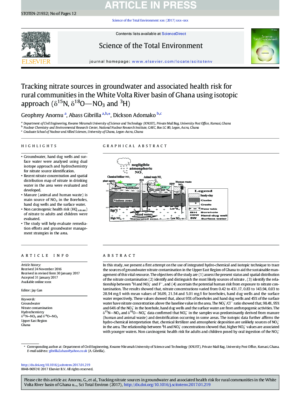 Tracking nitrate sources in groundwater and associated health risk for rural communities in the White Volta River basin of Ghana using isotopic approach (Î´15N, Î´18ONO3 and 3H)