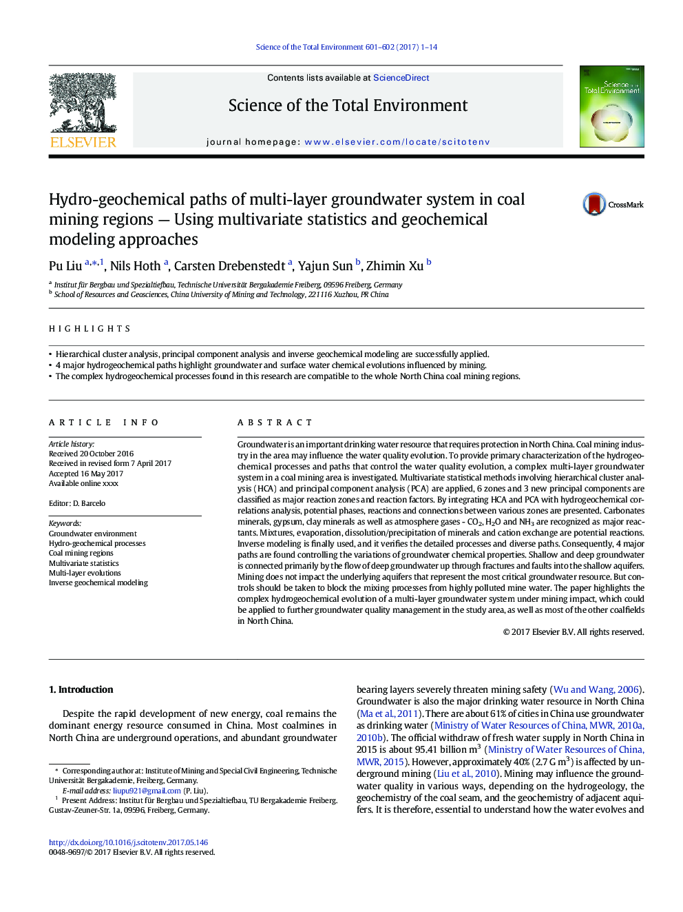 Hydro-geochemical paths of multi-layer groundwater system in coal mining regions - Using multivariate statistics and geochemical modeling approaches