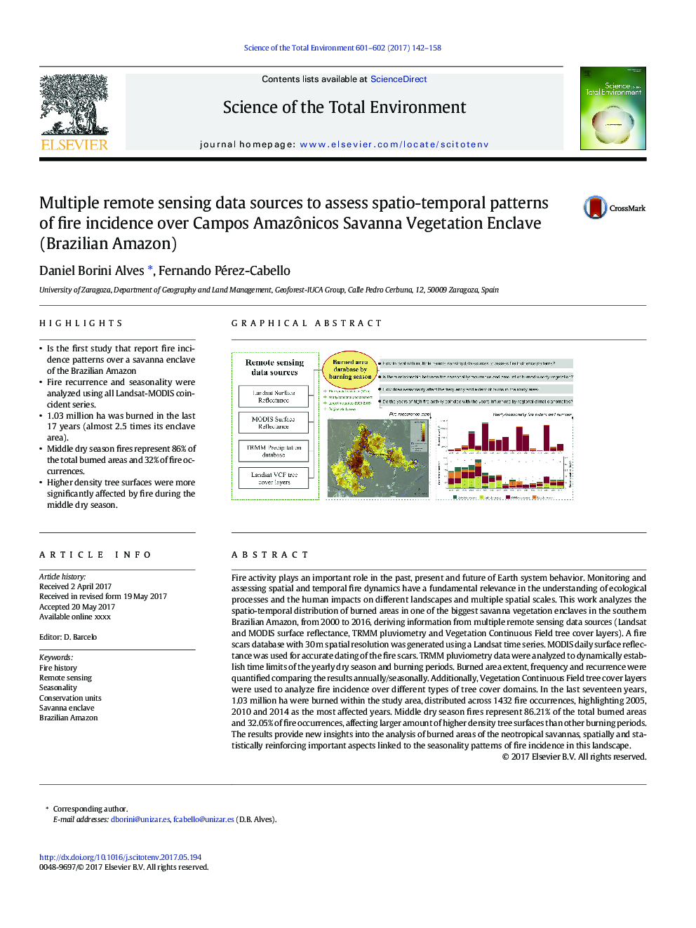 عکس صفحه اول مقاله: Multiple remote sensing data sources to assess spatio-temporal patterns of fire incidence over Campos Amazônicos Savanna Vegetation Enclave (Brazilian Amazon) Multiple remote sensing data sources to assess spatio-temporal patterns of fire incidence over Campos Amazônicos Savanna Vegetation Enclave (Brazilian Amazon)