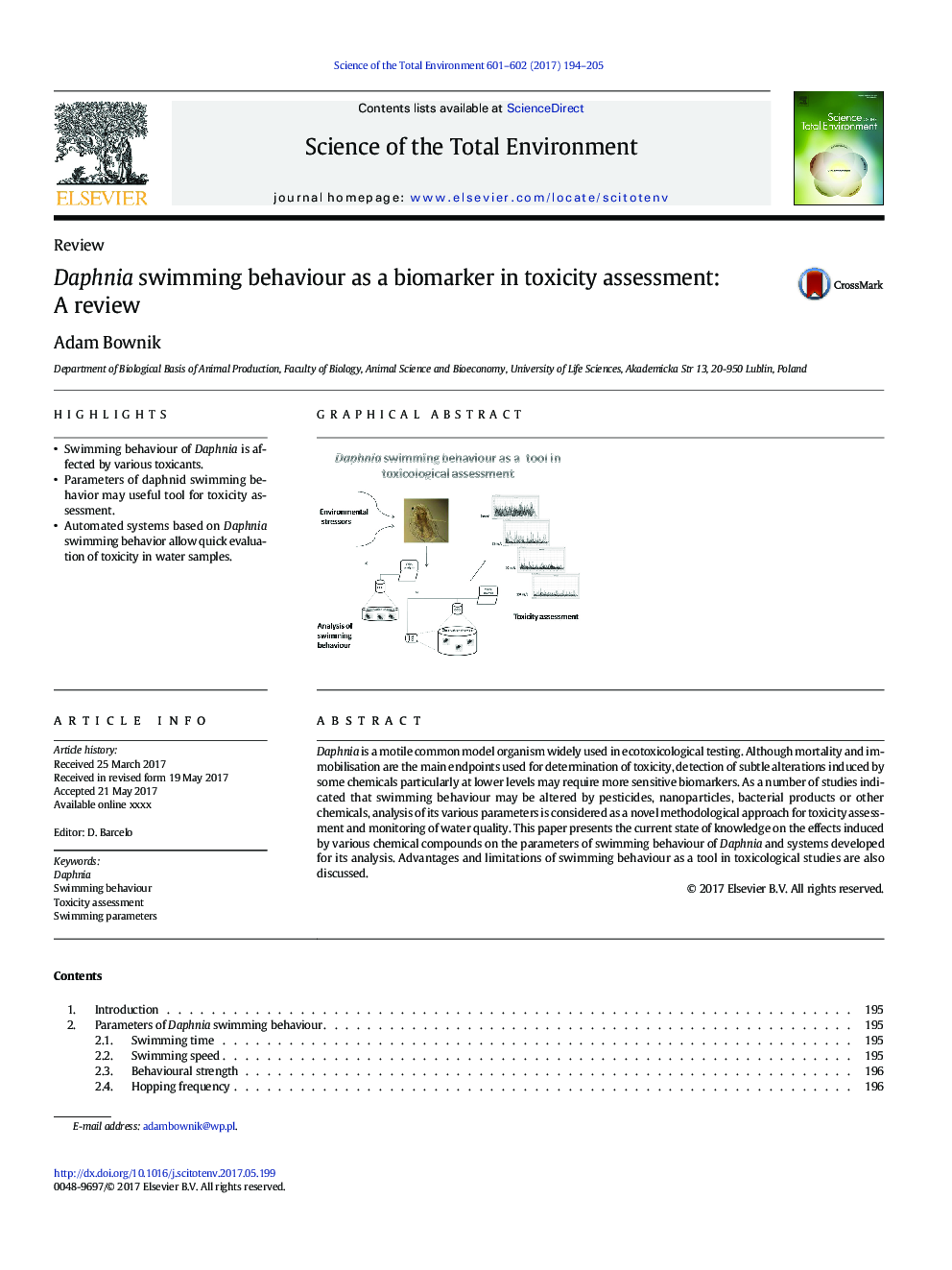 Daphnia swimming behaviour as a biomarker in toxicity assessment: A review