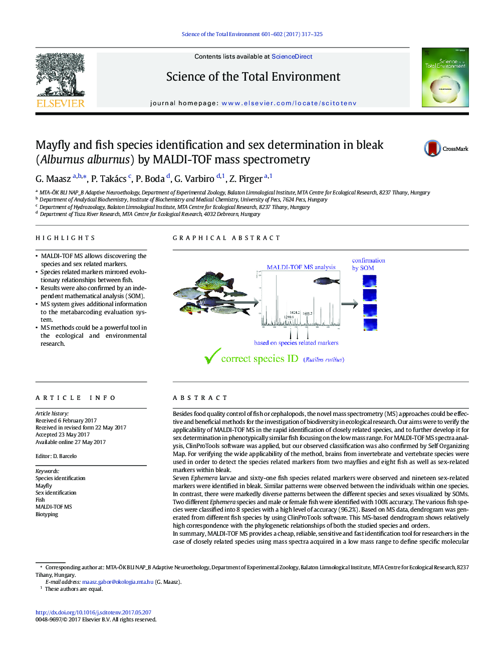 Mayfly and fish species identification and sex determination in bleak (Alburnus alburnus) by MALDI-TOF mass spectrometry