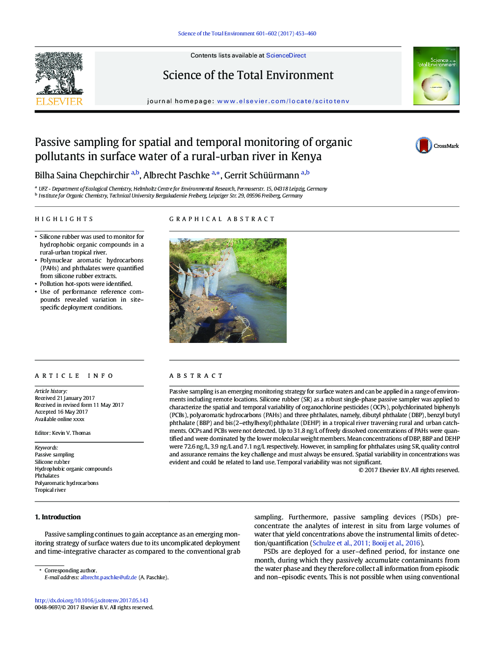 Passive sampling for spatial and temporal monitoring of organic pollutants in surface water of a rural-urban river in Kenya
