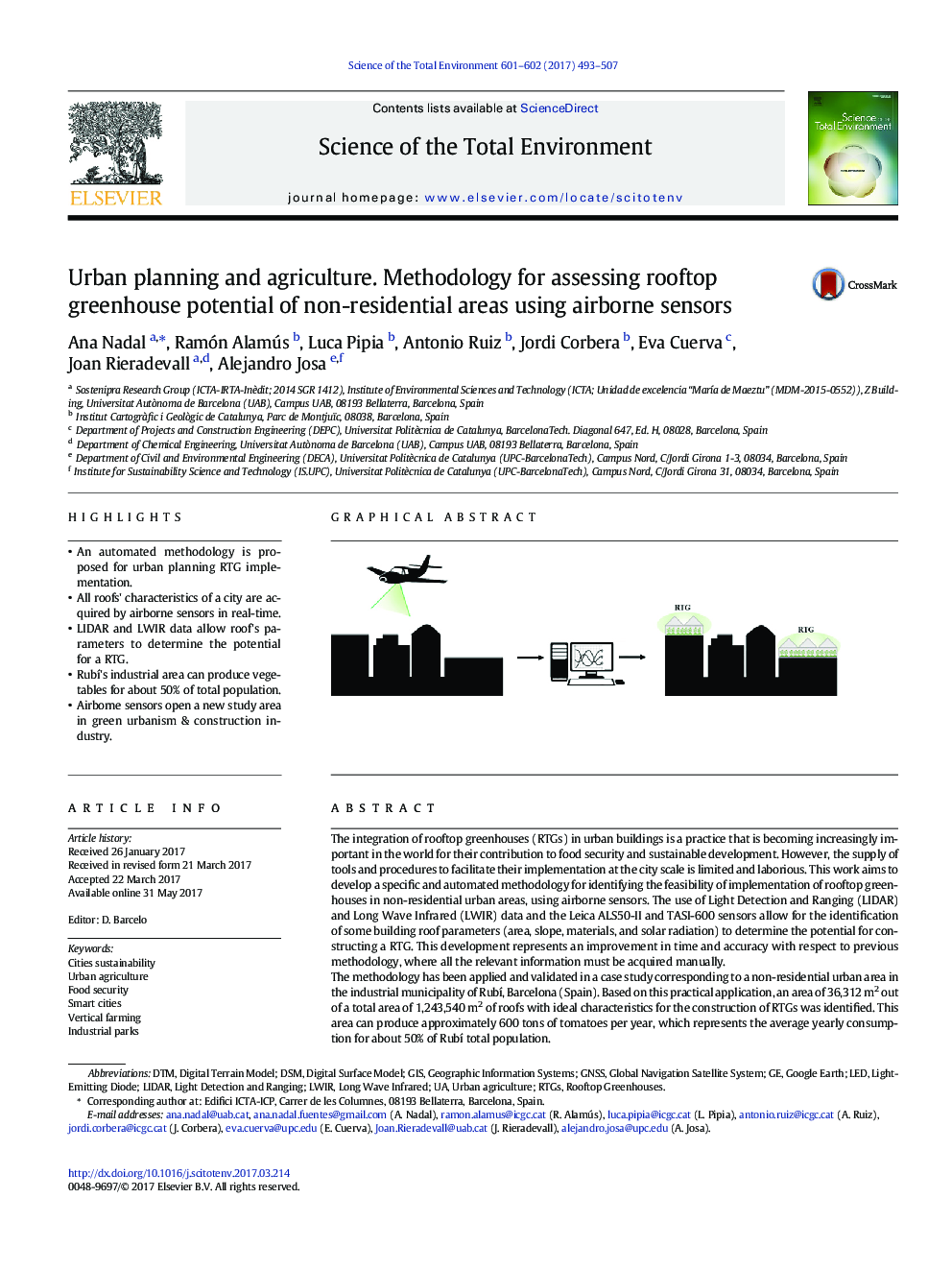 Urban planning and agriculture. Methodology for assessing rooftop greenhouse potential of non-residential areas using airborne sensors