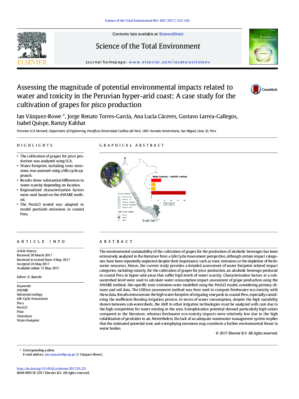ارزیابی میزان تاثیرات محیطی بالقوه مربوط به آب و سمیت در ساحل پرآبی پرو: مطالعه موردی برای کشت انگور برای تولید پیزکو 