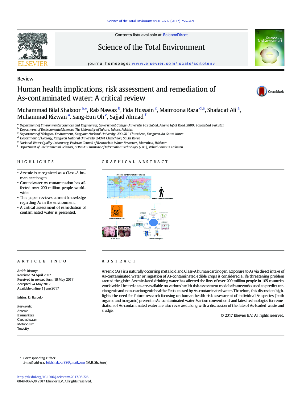 ReviewHuman health implications, risk assessment and remediation of As-contaminated water: A critical review