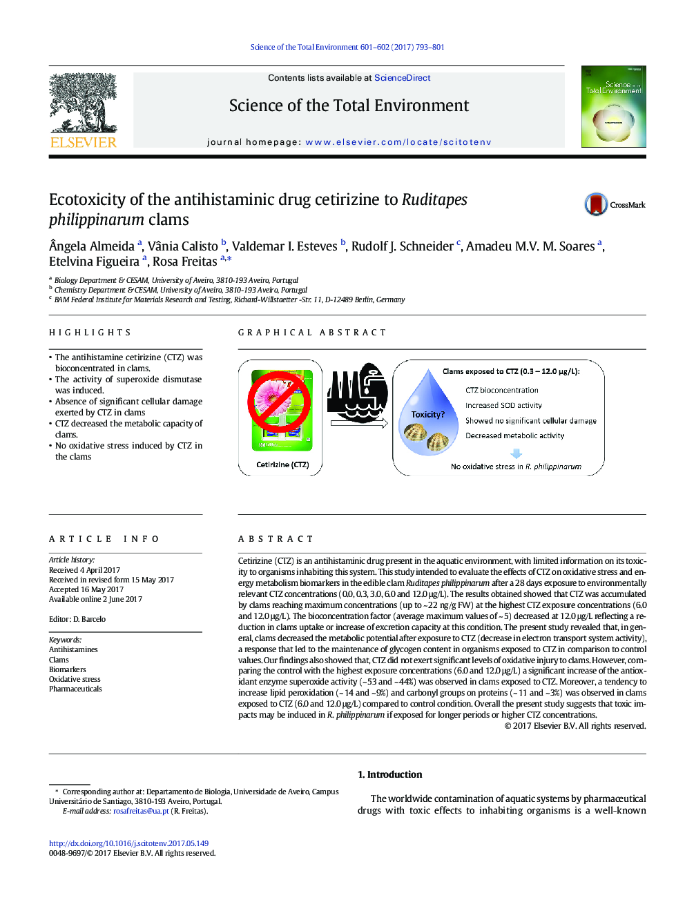Ecotoxicity of the antihistaminic drug cetirizine to Ruditapes philippinarum clams