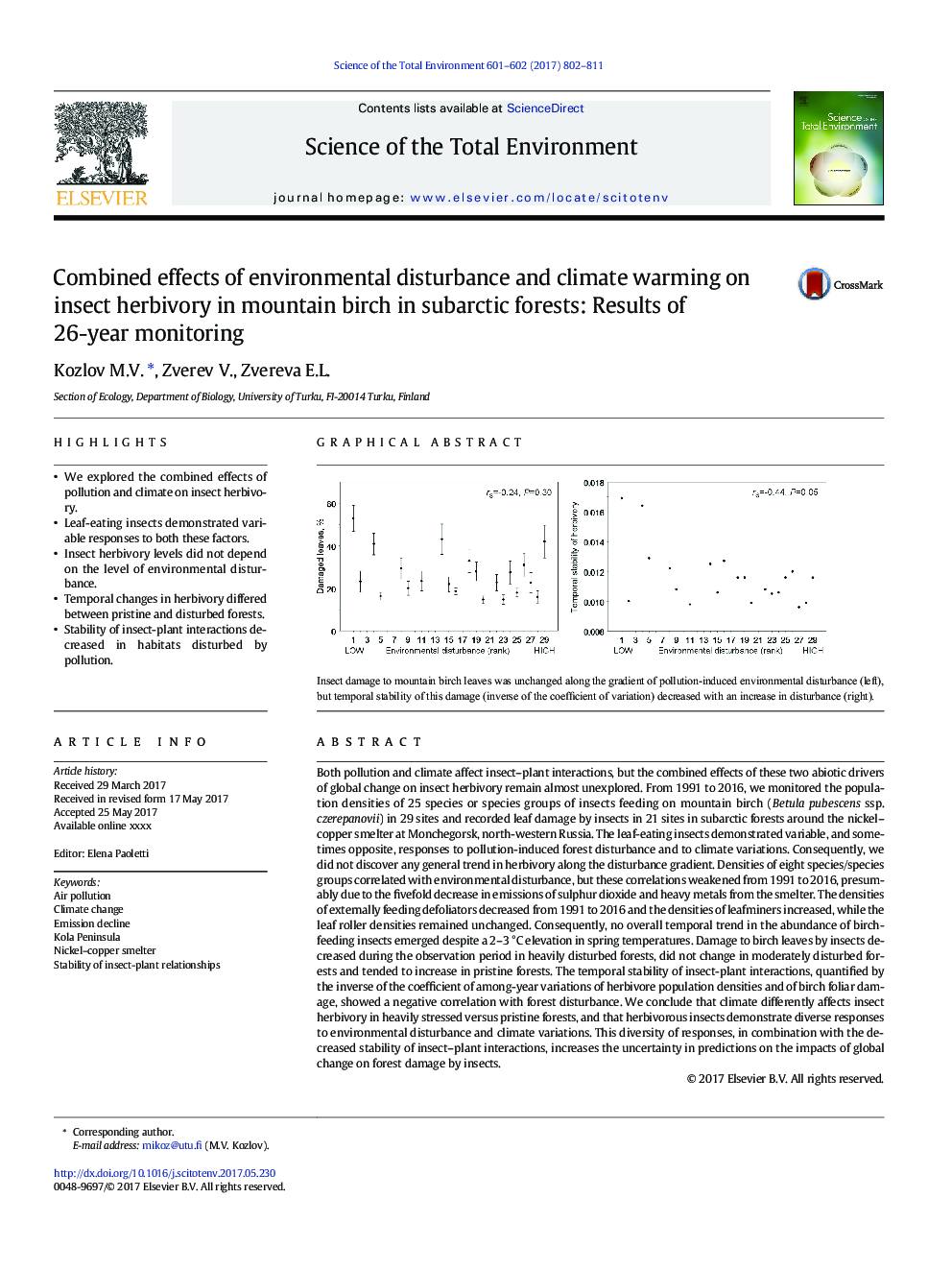 Combined effects of environmental disturbance and climate warming on insect herbivory in mountain birch in subarctic forests: Results of 26-year monitoring