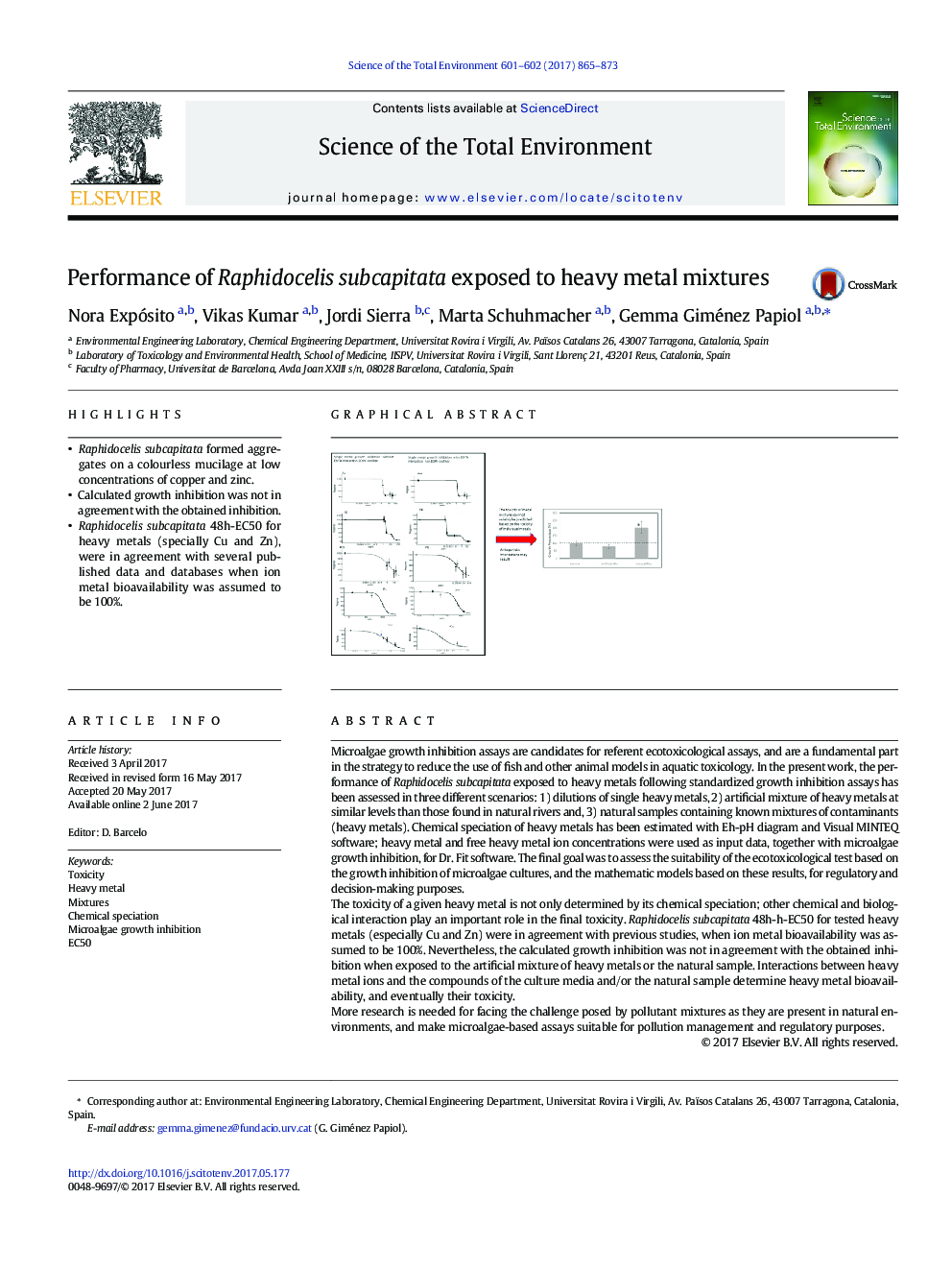 Performance of Raphidocelis subcapitata exposed to heavy metal mixtures